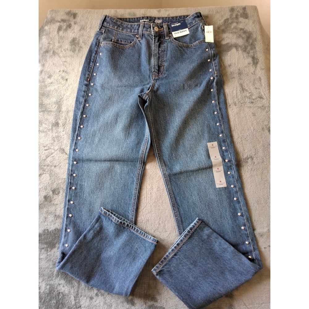 Old Navy Extra High-Rise Straight Studded Jeans‎ Womens 4 Medium Wash Denim New